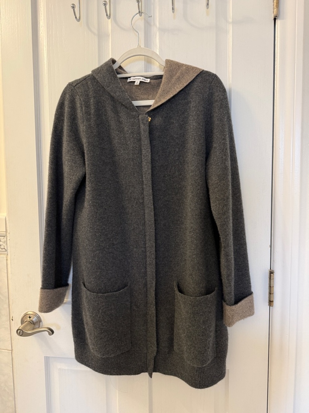 Reversible Hooded Long Cardigan Sweater - Charcoal/Beige